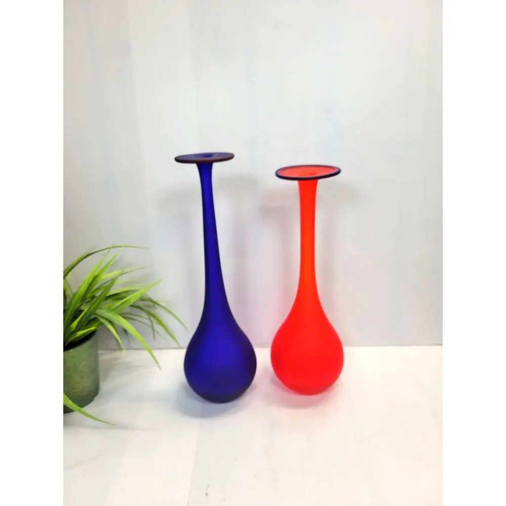2 Vintage Carlo Moretti Art Glass Vases Red 11", Colbalt Blue 12" Satin - Picture 1 of 7